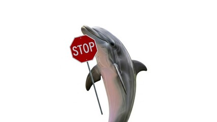 dolphin holding a red stop sign, road sign, solid white background
