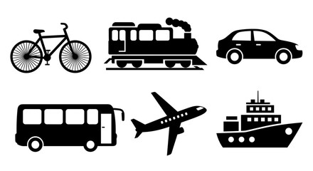 Collection of transportation vehicles including bicycle train car bus airplane and ship