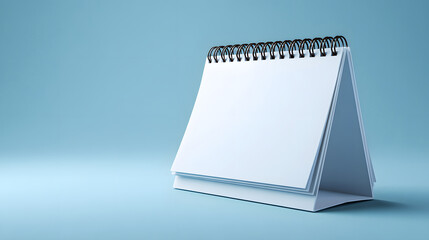 Blank white desk calendar on blue background spiral bound