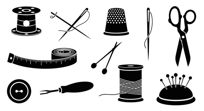 Collection of sewing and tailoring tools including scissors needle thread and pin