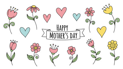 Hand Drawn Watercolor Flowers Hearts Happy Mothers Day Message handdrawn mothersday