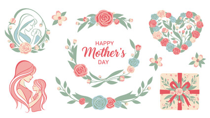 Hand Drawn Watercolor Mother Day With Floral Wreaths And Mothers child family