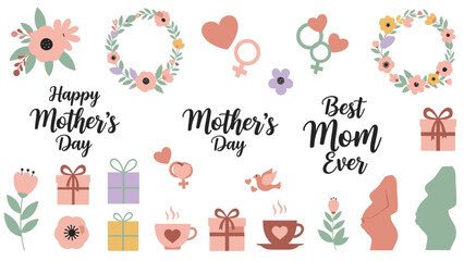 Hand Drawn Watercolor Mother&rsquo;s Day With Flowers Gifts Hearts mothersday celebration