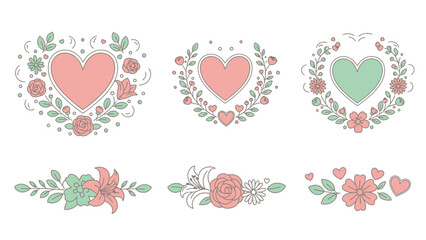 HandDrawn Pink Green Floral Hearts with Leaves and Flowers