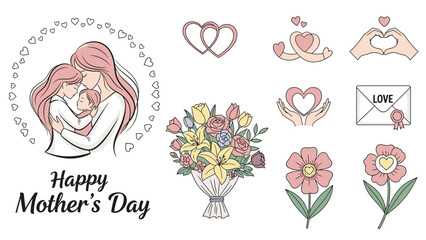 HandDrawn Pink MotherDay With Hearts Flowers And Family