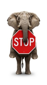 elephant holding a red stop sign, road sign, solid white background