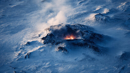 Aerial photo of snow-covered Barda bunga volcano erupting