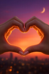 Hands forming a heart shape against a vibrant sunset, with a crescent moon in the sky. The image captures a sense of love and tranquility, highlighting human connection