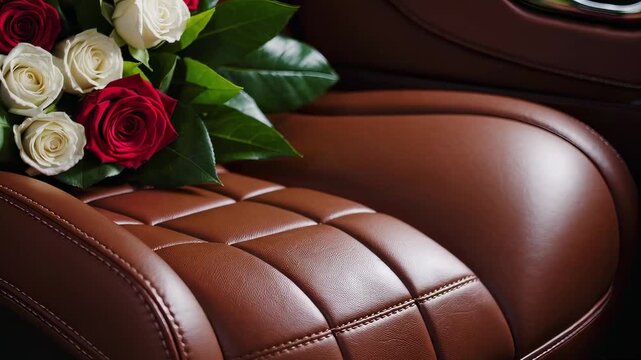 This video features a luxurious car interior showcasing rich brown leather seats adorned with a beautiful bouquet of roses. The elegant design highlights comfort and sophistication, perfect for specia