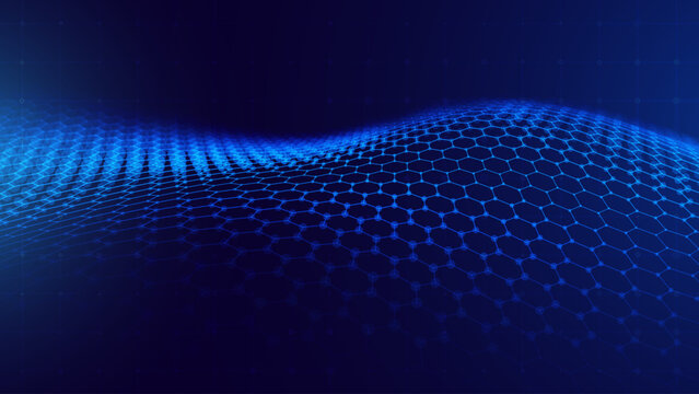 Hexagon Mesh Grid Waves on Dark Background. Tech Science or AI Innovation Banner Backdrop. Nanotech Abstract Digital Shield Surface or Landscape. Vector Illustration.