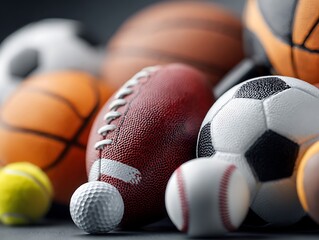 Diverse Sports Equipment Collection: American Football, Basketball, Soccer, Baseball, Tennis, Golf Balls, Blurred Background