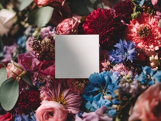 Vibrant Floral Arrangement with Blank Square Card for Text Overlay, Rich Pink, Red, Blue Blooms, Textured Petals, Soft Natural Light