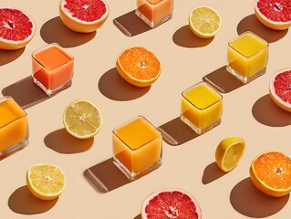 Vibrant Citrus Juices and Slices in Minimalist Geometric Arrangement, Refreshing Orange, Grapefruit & Lemon Drinks, Healthy Lifestyle