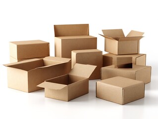Corrugated Cardboard Boxes Collection: Various Sizes and Open/Closed Configurations, Ready for Shipping and Storage - Neutral Studio Background