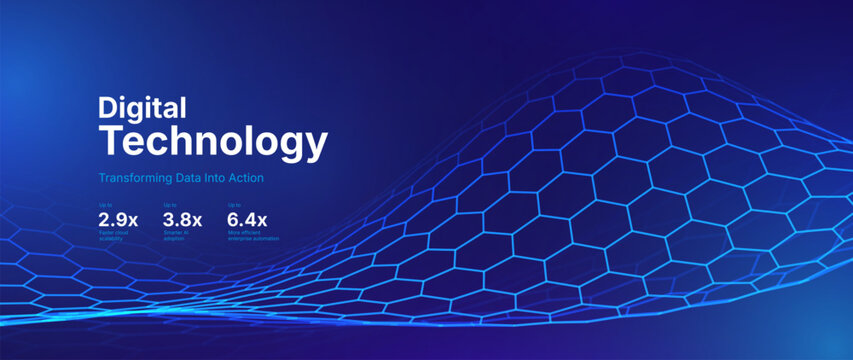 Hexagon Mesh Grid Waves on Dark Background. Tech Science or AI Innovation Banner Backdrop. Nanotech Abstract Digital Shield Surface or Landscape. Vector Illustration. 