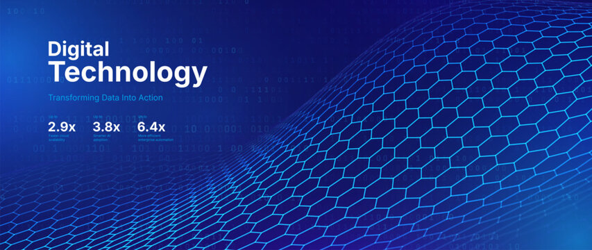 Hexagon Mesh Grid Waves on Dark Background. Tech Science or AI Innovation Banner Backdrop. Nanotech Abstract Digital Shield Surface or Landscape. Vector Illustration. 