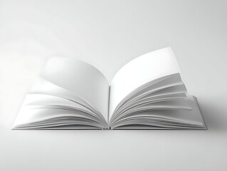 Blank Open Book Mockup with Flowing Pages on Light Gray Background, Minimalist Design for Copy Space, Presentation, Education, and Branding