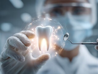 Modern Dentistry Tech: Dentist's Hand with Glowing Tooth Hologram & Dental Mirror, Oral Health Innovation, Future Medicine Concept