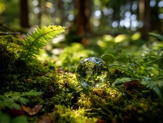 Glass Orb Reflecting Earth Amidst Lush Forest Floor, Sunlight Illuminating Moss and Ferns, Symbolizing Nature and Conservation