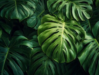 Lush Green Monstera Leaves with Natural Texture, Tropical Jungle Foliage Close-up, Vibrant Botanical Background for Decor and Design