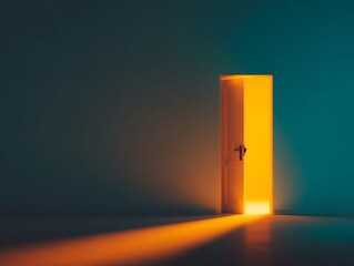 Open Door with Bright Golden Light Streaming, Casting Orange Shadows on Teal Wall and Floor, Symbolizing Opportunity, Hope, and New Beginnings