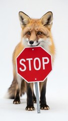 fox holding a red stop sign, road sign, solid white background