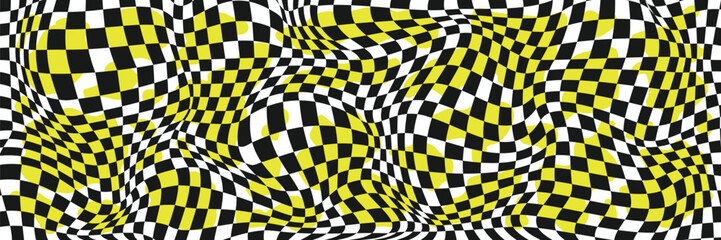 Obraz premium Warped Checkerboard Optical Pattern with Acid Yellow Abstract Distortion