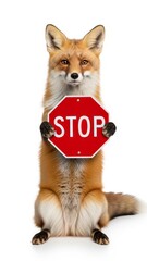fox holding a red stop sign, road sign, solid white background