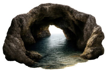 Sea cave entrance with dark rocks and calm water, transparent background providing depth to a natural grotto discovery