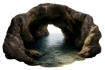 Sea cave entrance with dark rocks and calm water, transparent background providing depth to a natural grotto discovery