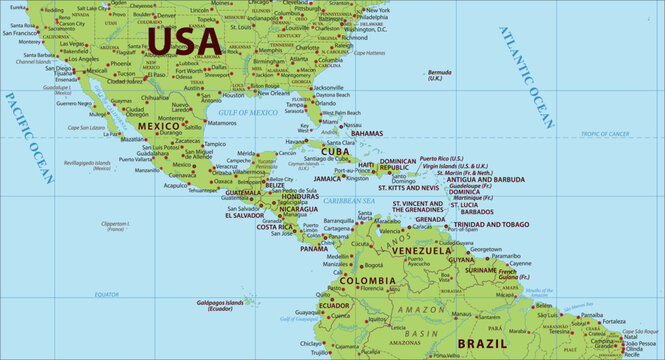 Vector political world map. Fragment of geographical atlas with united states america, venezuela, cuba, mexico, bahamas, jamaica, haiti, dominican republic,
caribbean sea, caracas, colombia, brazil.