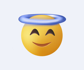 Emoji angel 3D vector illustration, smiling angel face with a halo. This cute and innocent emoji conveys a positive and peaceful expression. Isolated on white. Emoticon Smiling Face