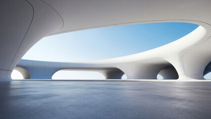3d render of abstract futuristic architecture with empty concrete floor. Scene for car presentation.
