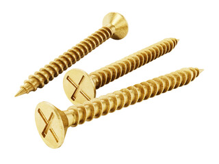 Brass wood screws on transparent background. 3D illustration