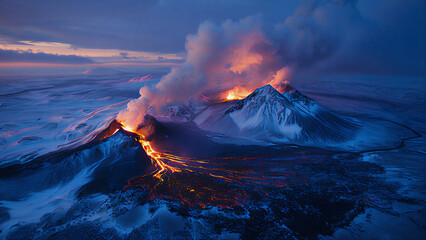 Aerial photo of snow-covered Barda bunga volcano erupting