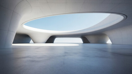 3d render of abstract futuristic architecture with empty concrete floor. Scene for car presentation.