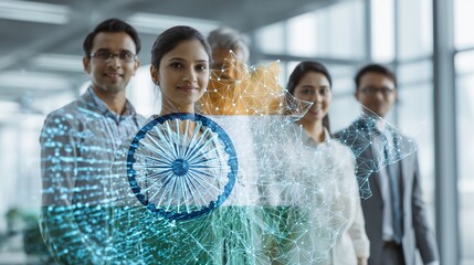 Young Indian professionals collaborate in a modern office setting with digital elements representing India