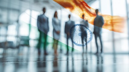 Group of young Indian professionals standing in office space with modern design during a work meeting