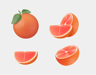 3D Icon set grapefruit, vector illustration on white background. Collection of pink grapefruits whole and pieces isolated on white. Grapefruit with cut in half. Fresh fruits set, healthy food vector
