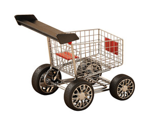 Shopping cart with sports tyres and a spoiler on transparent background. 3D illustration