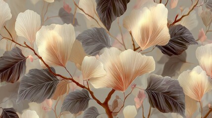 Elegant minimalist wallpaper with a light brown and beige palette and abstract leaves, delivering a soothing, tranquil ambiance for nature enthusiasts