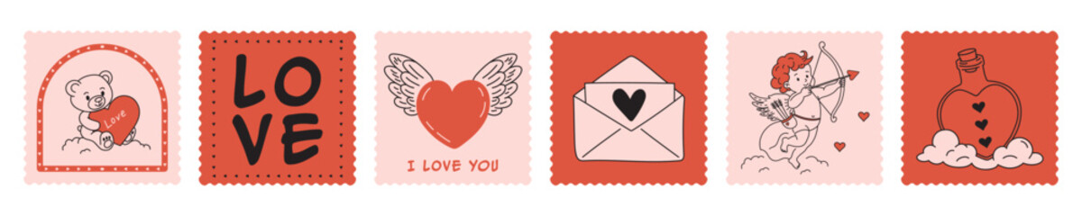 Hand-drawn Valentine's Day postal love stamps print set, cupid mail doodle vector illustration: 14 February creative, concept postcard red design elements, cute scrapbook postage sticker, amore sign. 