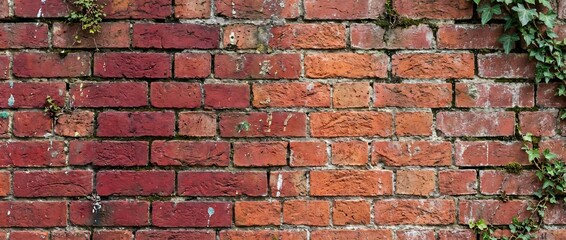 Old Weathered Red Brick Wall with Green Ivy