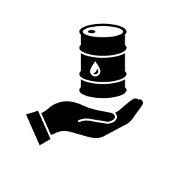 Oil icon. Crude reserves. Oil industry. Barrel. Oil drum in hand. Vector icon isolated on white background.