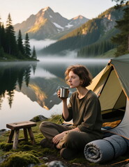 A young athletic woman tourist relaxes with a cup of tea near a tent against the backdrop of mountains.