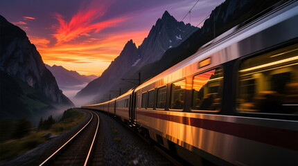 A high-speed train rushes through the mountains at sunset.
