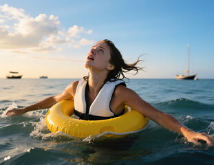 Woman in life jacket holding lifebuoy, swimming in sea, survival.