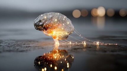 A vibrant brain enveloped by bright particles, signifying cognitive functions and neural activity