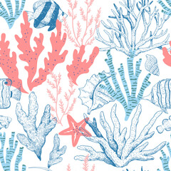 Elegant seamless pattern with corals, seaweeds and underwater creatures, seashells and fishes. Hand-drawn vector illustration. © Yuliya