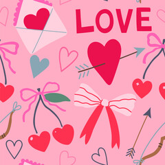 Seamless pattern with coquette cherry and bows. Heart-shaped berries with ribbons. Romantic trendy hand-drawn vector illustration.